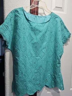 Women’s Turquoise Lace Eyelet Short Sleeve Blouse/Never Worn/Lined